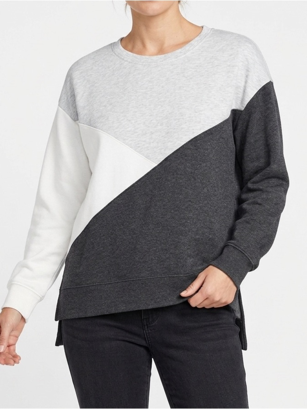 GREEN TEA Colorblock Sweatshirt Grey Black & Ivory Cozy Pullover Top w Slits